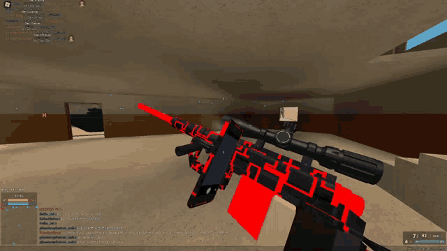 a person holding a red and black sniper rifle