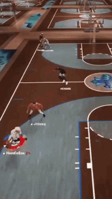 a basketball game is being played on a court with hoodiebax in the corner
