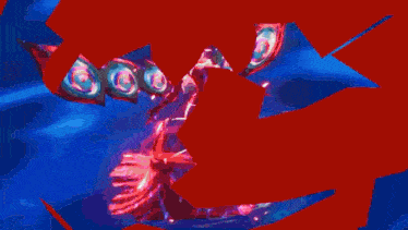a woman in a red dress with wings is surrounded by a blue background .