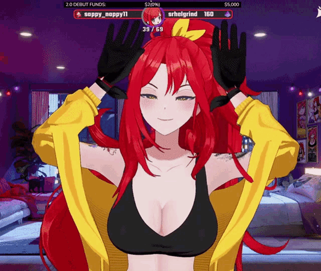 a girl with red hair is wearing a yellow jacket and gloves