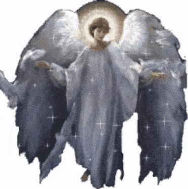 a painting of an angel in a blue robe with wings