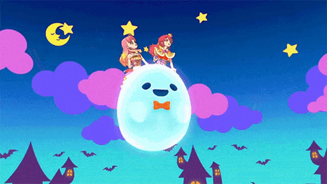 a cartoon illustration of two girls sitting on top of a giant ghost