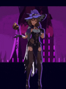 a woman in a witch costume is holding a pumpkin in her hands .