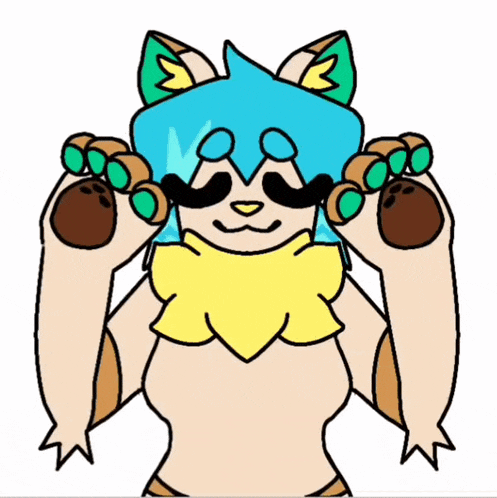 a cartoon drawing of a furry character with blue hair and green eyes .