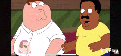 a cartoon of peter griffin talking to a man with a mustache