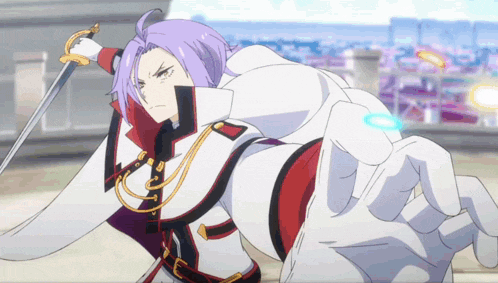 a man with purple hair is holding a sword in his right hand