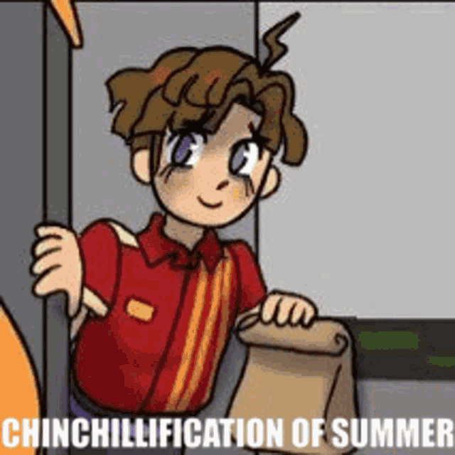 a cartoon of a boy in a red shirt holding a piece of paper and smiling .