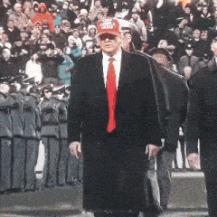 a man in a suit and tie is wearing a red hat that says donald trump