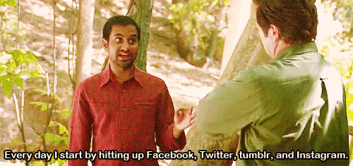 two men are standing next to each other in the woods and one of them is talking about facebook twitter tumblr and instagram