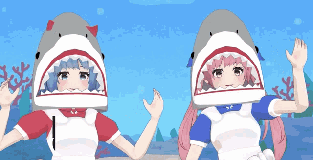 two anime girls wearing shark hats are waving