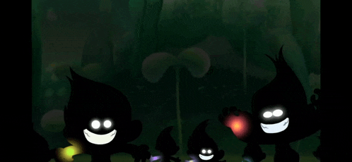 a group of cartoon characters with glowing eyes are standing in the dark