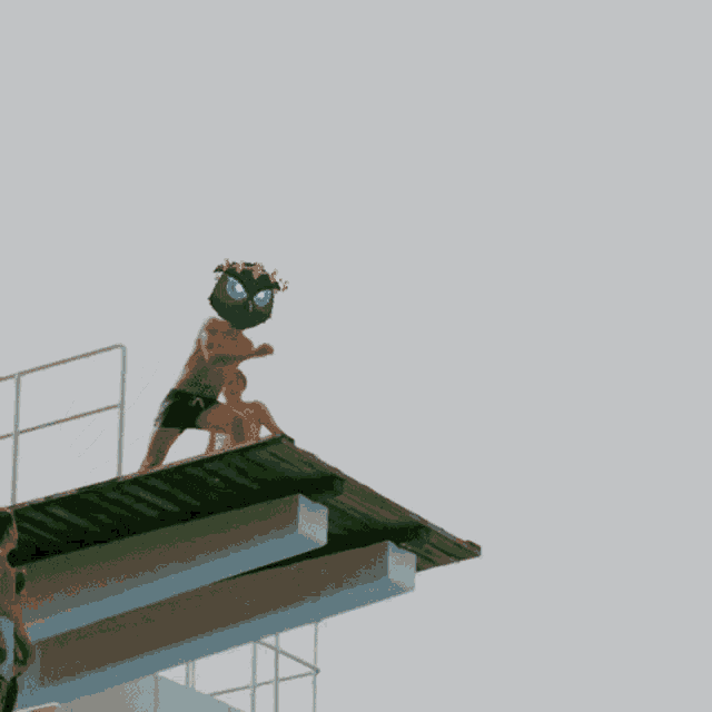a man is jumping into a pool with a sticker on his face