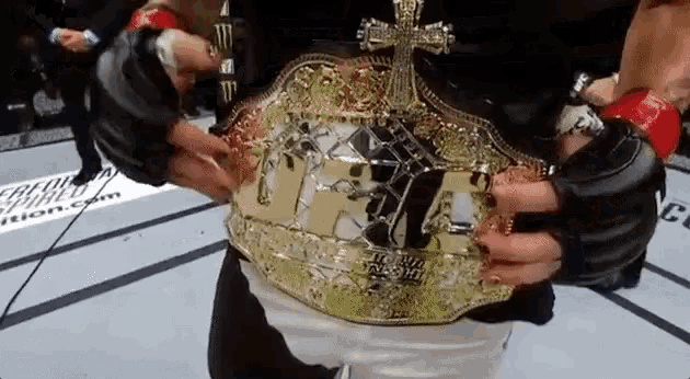 a person holding a belt that says ' ufc heavyweight ' on it