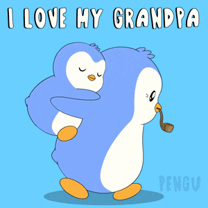 a penguin carrying another penguin on its back with the words " i love my grandpa " above it