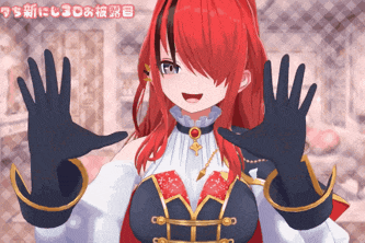 a girl with red hair is wearing black gloves and a necklace