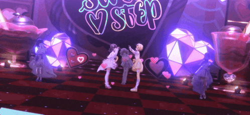 a group of girls are dancing in front of a sign that says love step