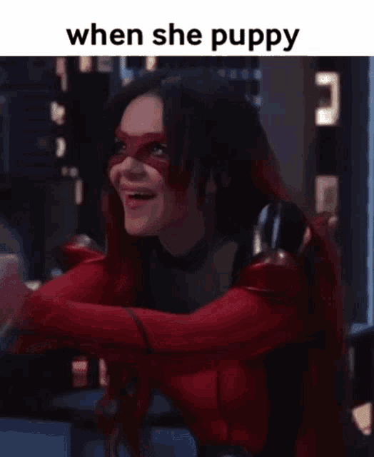 a woman in a red superhero costume with the words when she puppy written above her