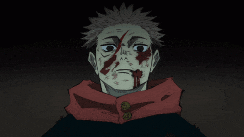a drawing of a person with blood on their face and the letter s on their jacket