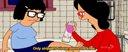 a cartoon of a woman shaving another woman 's legs with the words only strippers shave above the knee