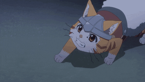 a cat wearing a viking helmet is surrounded by a group of monsters