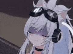 a cat girl with headphones and goggles on her head .