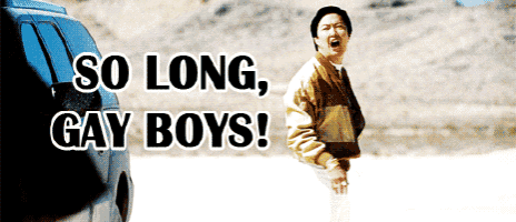 a man screaming in front of a car with the words " so long gay boys " above him
