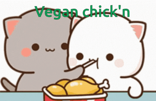 a cartoon of two cats eating chicken with the words vegan chick 'n written on the bottom