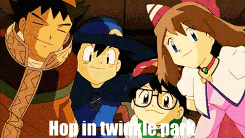 a group of cartoon characters are posing for a picture and the caption says hop in twinkle park