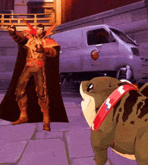 a man in a red cape is standing next to a frog and a white van with a sticker on it