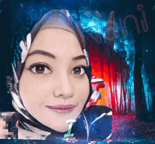 a woman wearing a hijab is surrounded by trees and has the letter i on her face