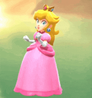 princess peach is wearing a pink dress and a crown while standing on a green field .