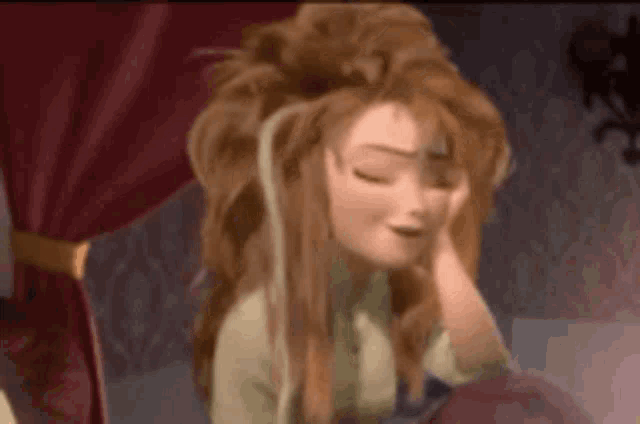 a cartoon character with a messy hairdo is sitting on a bed .