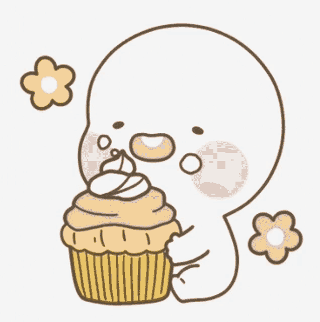 a cartoon character is holding a cupcake with a pink frosting