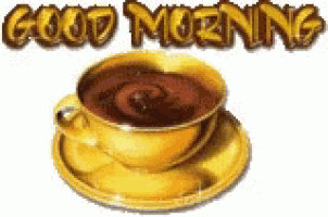 a cup of coffee on a saucer with the words good morning written on it