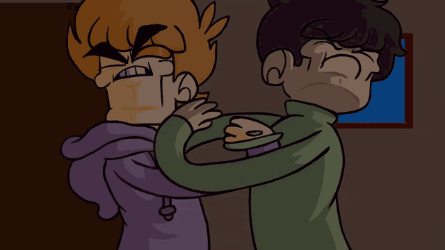 a cartoon of two boys standing next to each other with one pointing at the other