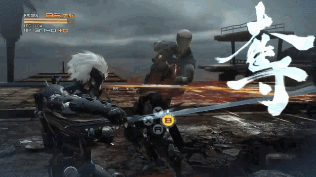 a video game screen shows a character named raiden fighting another character with a sword
