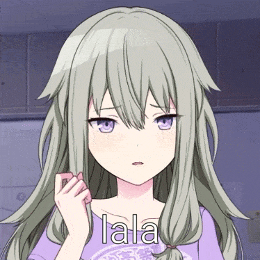 a girl with gray hair and purple eyes is wearing a purple shirt that says lala