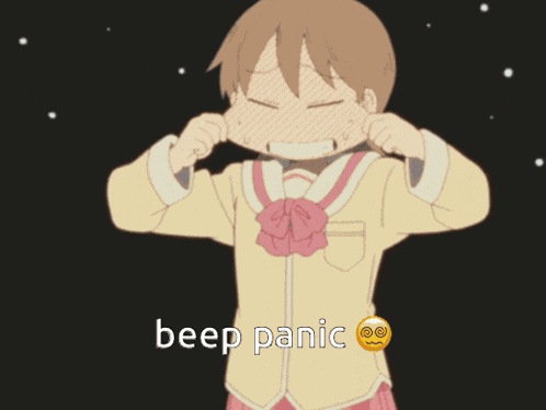 a girl with a surprised look on her face and the words beep panic above her