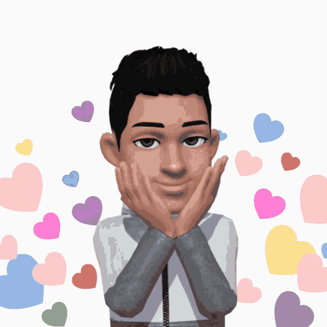 a cartoon character covering his face with his hands and surrounded by hearts