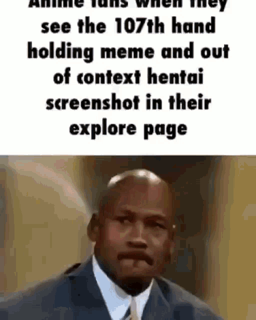 a man in a suit and tie is holding a meme and a screenshot of a hentai .