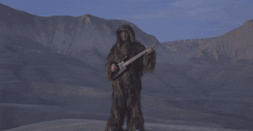 a man dressed as a chewbacca is playing a guitar