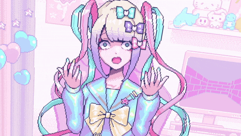 a pixel art drawing of a girl with a bow on her head