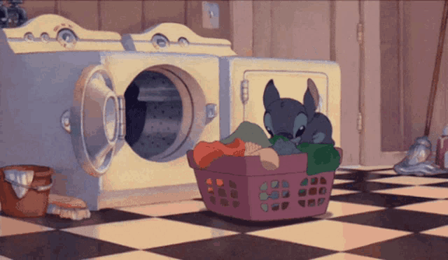 a cartoon of stitch in a laundry room with a basket full of clothes