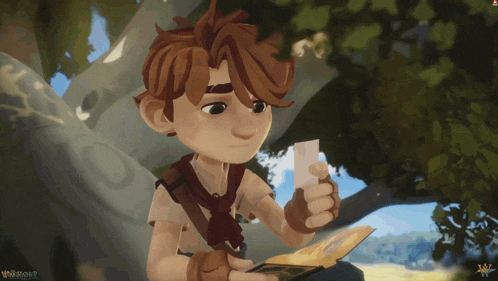 a cartoon character sitting under a tree holding a book