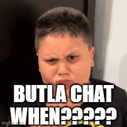 a young boy is making a funny face with the caption butla chat when ?