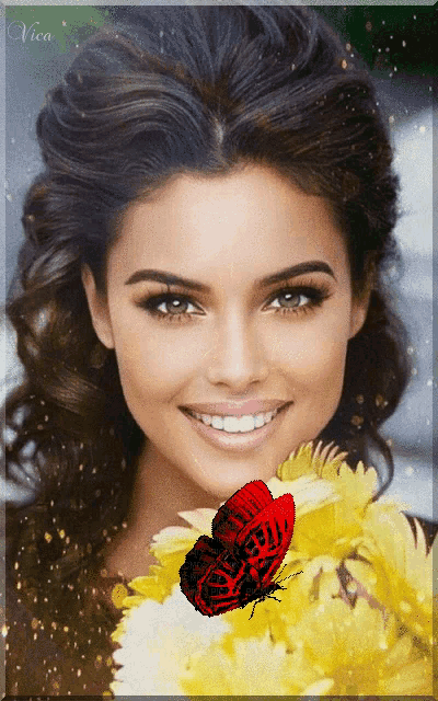 a woman is smiling while holding a bouquet of yellow flowers with a red butterfly in front of her