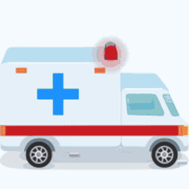 an ambulance with a blue cross on the side and a red light on top .