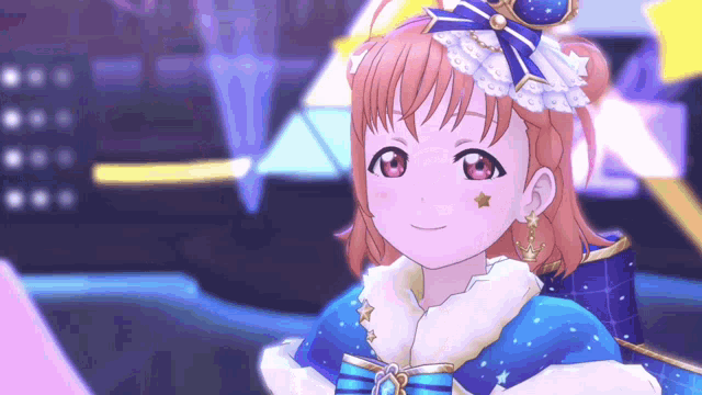 a close up of a girl in a blue coat with a star on her face