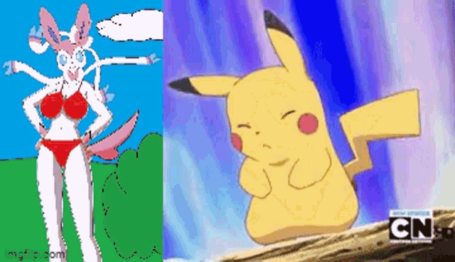a cartoon of a woman in a bikini next to a cartoon of a pikachu