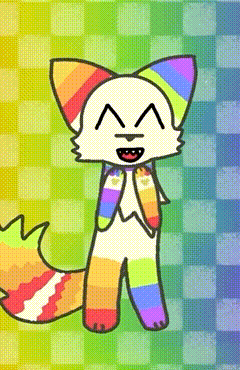 a cartoon drawing of a cat with rainbow colored ears and a rainbow tail